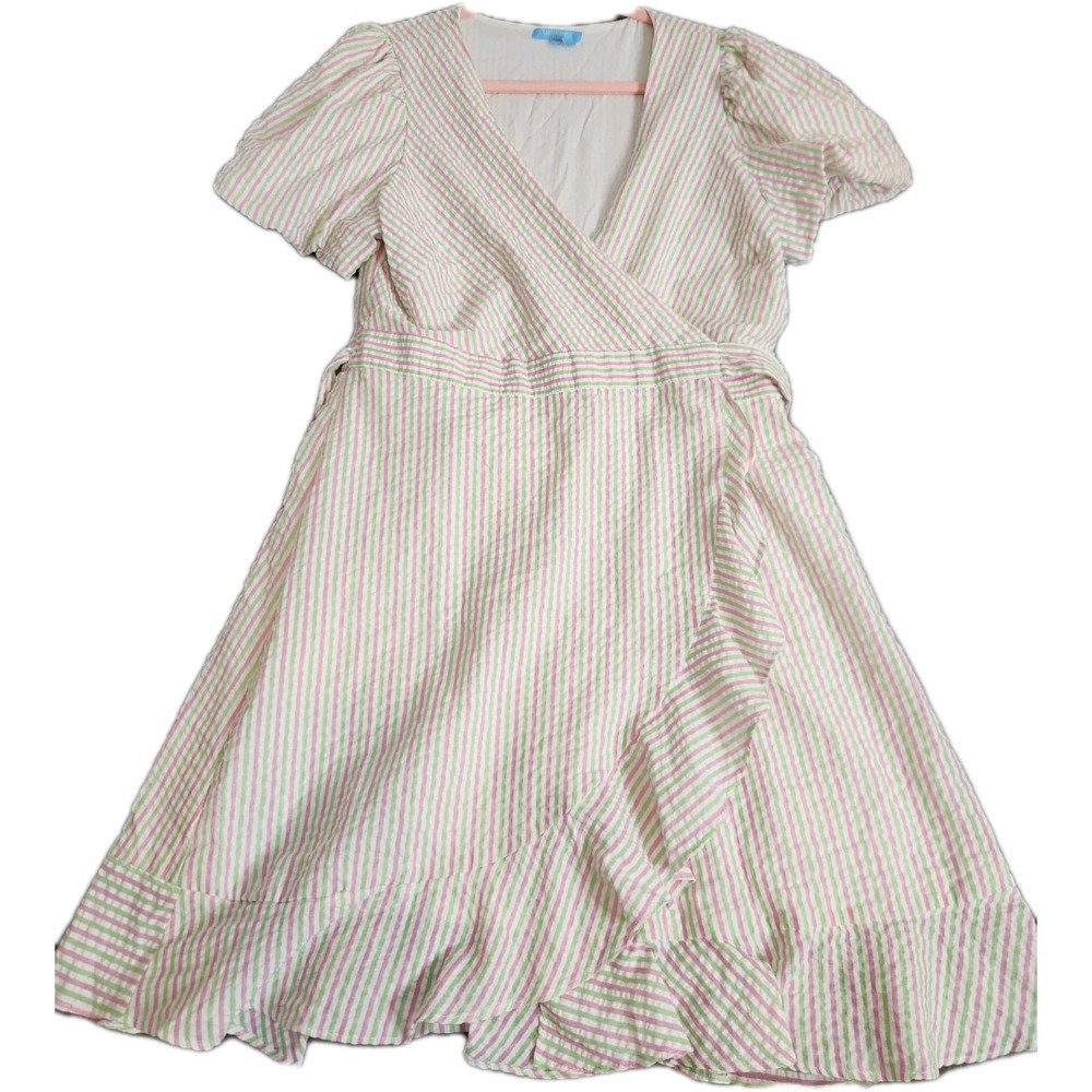DRAPER‎ JAMES RSVP Puff Sleeve Wrap Dress Ruffled Seersucker Striped Size L NWOT